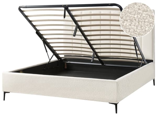 Dobbeltseng Hvid Boucle Polstret 180 x 200 cm 2 Personers Seng med Opbevaring Sengeramme To Mands Højt Sengestel med Gavl