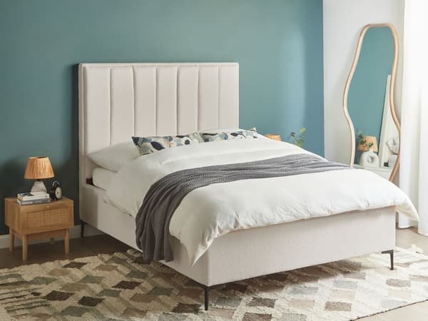 Seng Hvid Boucle Polstret 140 x 200 cm Moderne Trekvart Seng med Opbevaring Halvandenmands 3 kvart Seng Højt Sengestel med Gavl