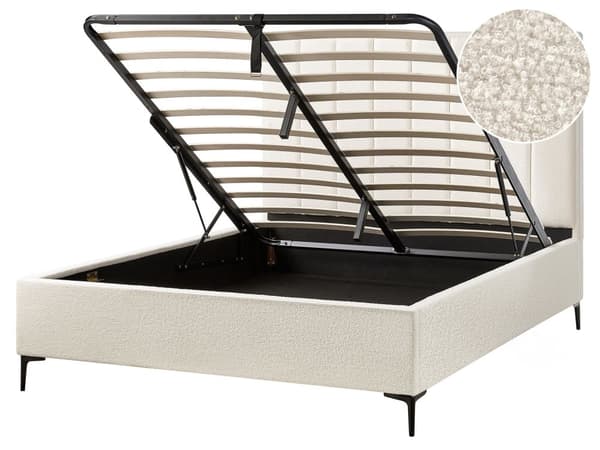Dobbeltseng Hvid Boucle Polstret 160 x 200 cm 2 Personers Seng med Opbevaring Sengeramme To Mands Højt Sengestel med Gavl