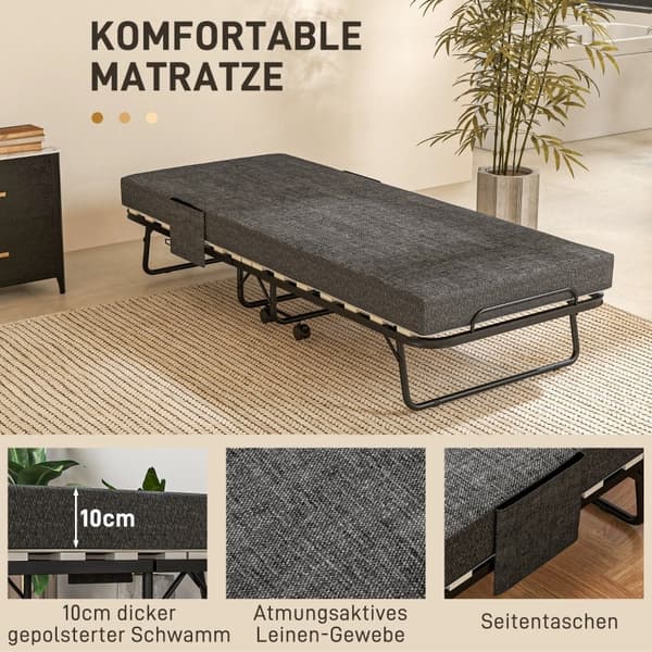 Kokoontaitettava Rootz-vierassänky - Matkasänky - Kannettava makuupaikka - Pellavapatja - Teräsrunko - 190 cm x 80 cm x 42 cm