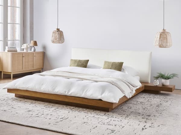 Seng Hvid Træ 160 x 200 cm Moderne Dobbeltseng med Sengegavl To Mands Lav Sengeramme LED Futon Minimalistisk Design Træseng Japansk