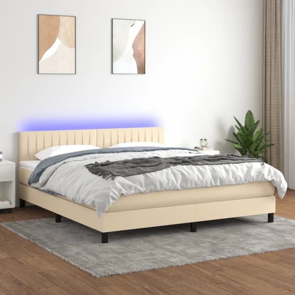 Ramsäng med madrass & LED gräddvit 180x200 cm tyg