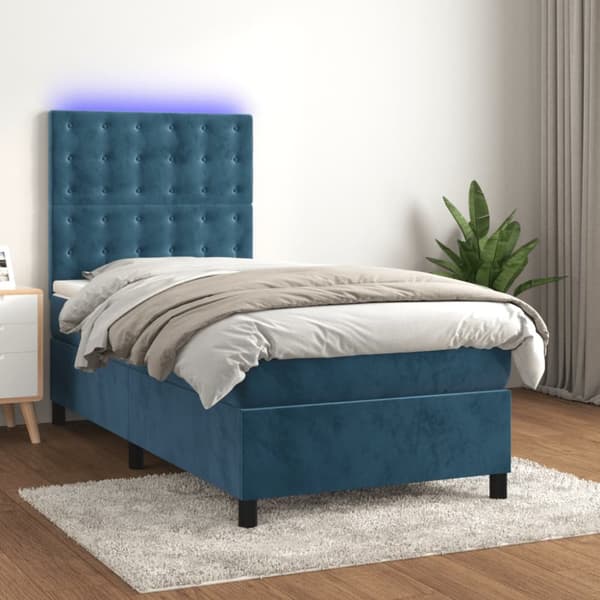 Ramsäng med madrass & LED mörkblå 90x190 cm sammet