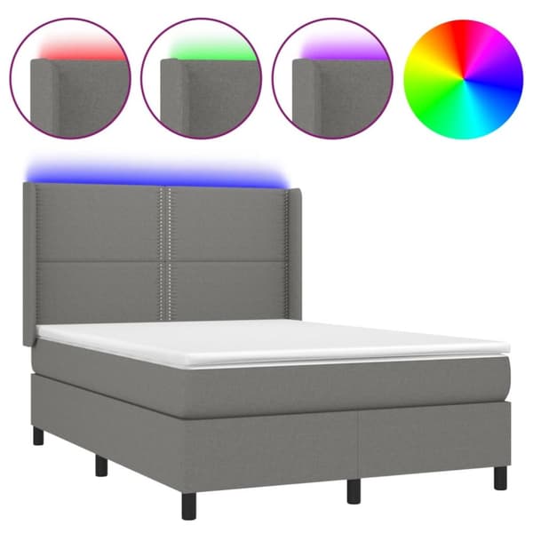 Ramsäng med madrass & LED mörkgrå 140x190 cm tyg
