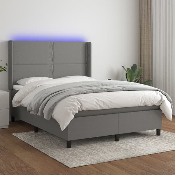 Ramsäng med madrass & LED mörkgrå 140x190 cm tyg