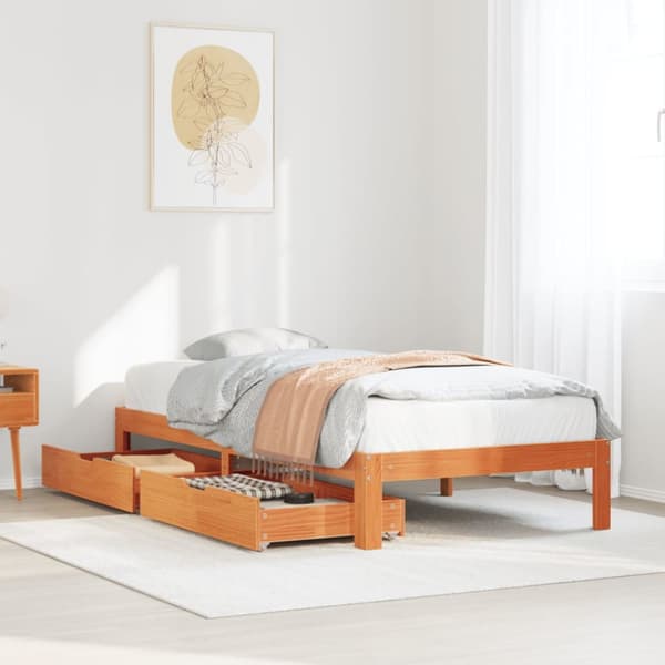 Sängram med lådor vaxad brun 75x190 cm massiv furu