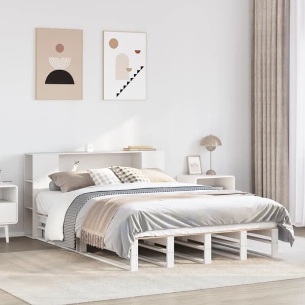 Säng med bokhylla utan madrass vit 160x200 cm massiv trä