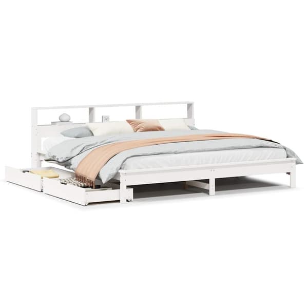 Säng med bokhylla utan madrass vit 200x200cm massiv furu