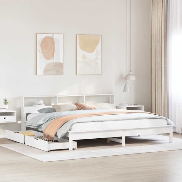 Säng med bokhylla utan madrass vit 200x200cm massiv furu