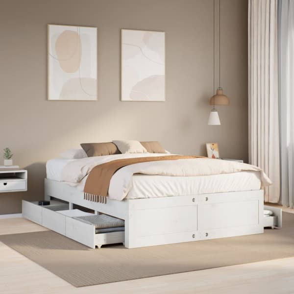 Sängram utan madrass med lådor vit 150x200 cm massiv furu