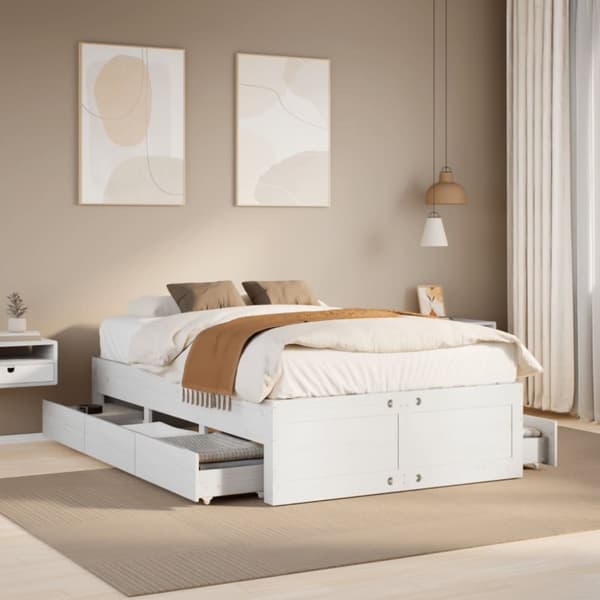 Sängram utan madrass med lådor vit 135x190 cm massiv furu