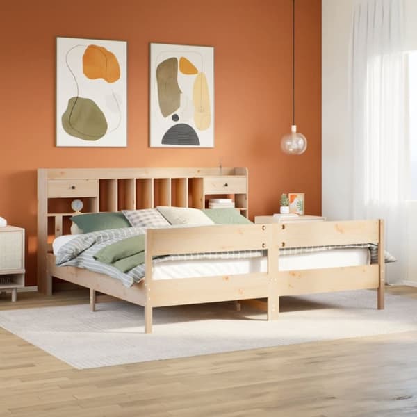 Säng med bokhylla utan madrass 200x200cm massiv furu