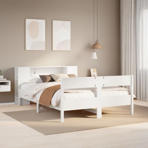 Säng med bokhylla utan madrass vit 140x200cm massiv furu
