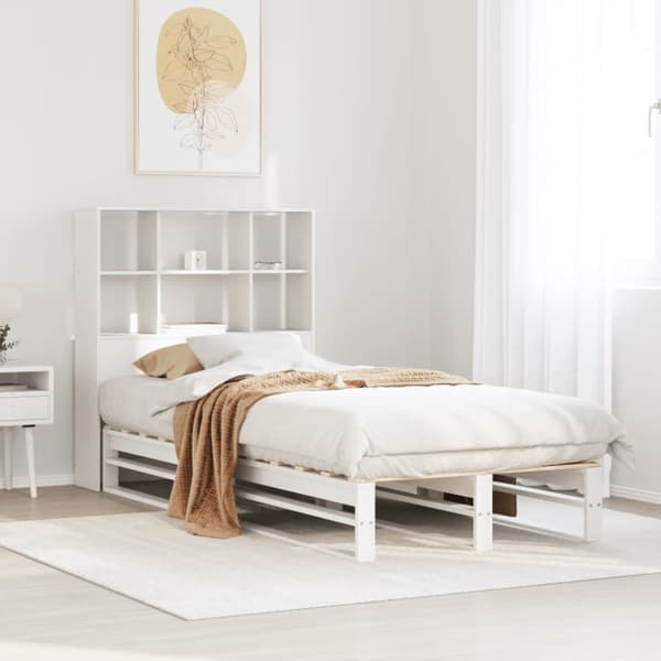 Säng med bokhylla utan madrass vit 90x200 cm massiv trä