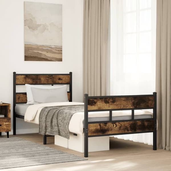 Sängram utan madrass metall rökfärgad ek 100x200 cm
