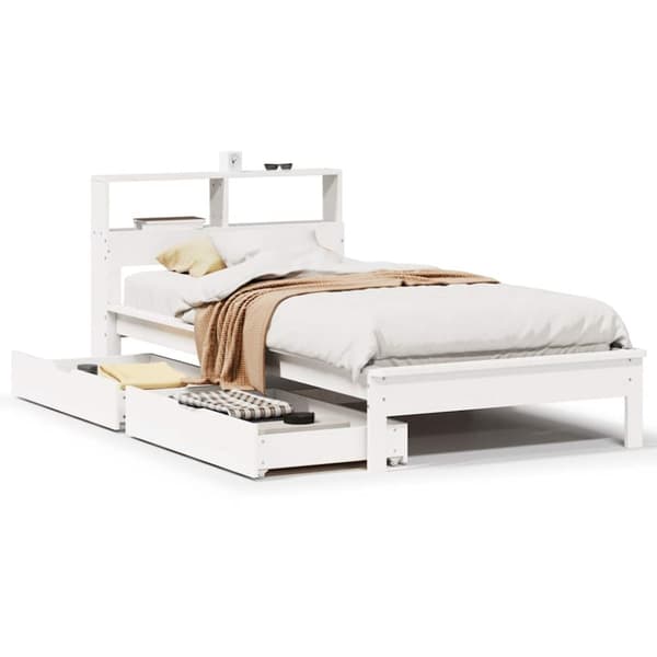 Säng med bokhylla utan madrass vit 75x190cm massiv furu