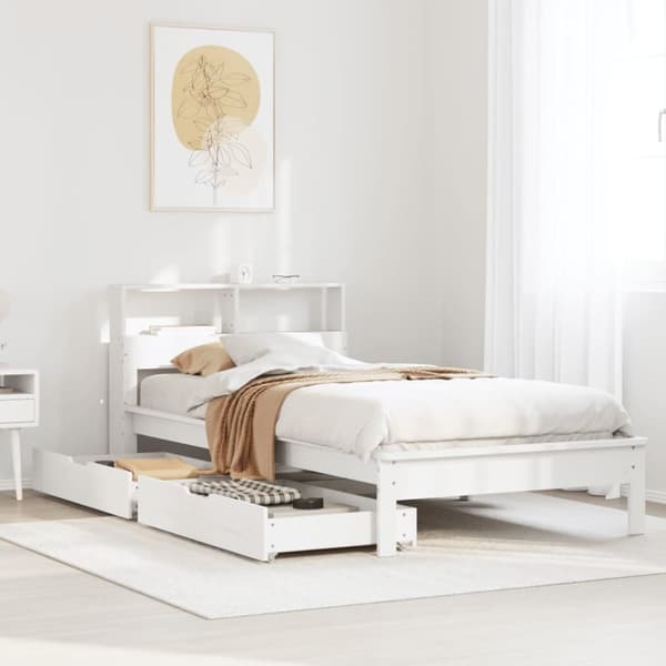 Säng med bokhylla utan madrass vit 75x190cm massiv furu