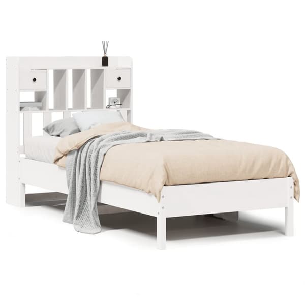 Säng med bokhylla utan madrass vit 75x190cm massiv furu