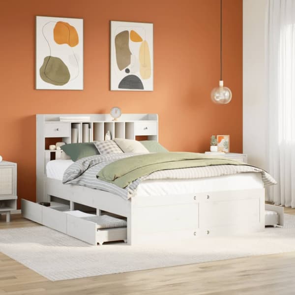 Säng med bokhylla utan madrass vit 150x200cm massiv furu