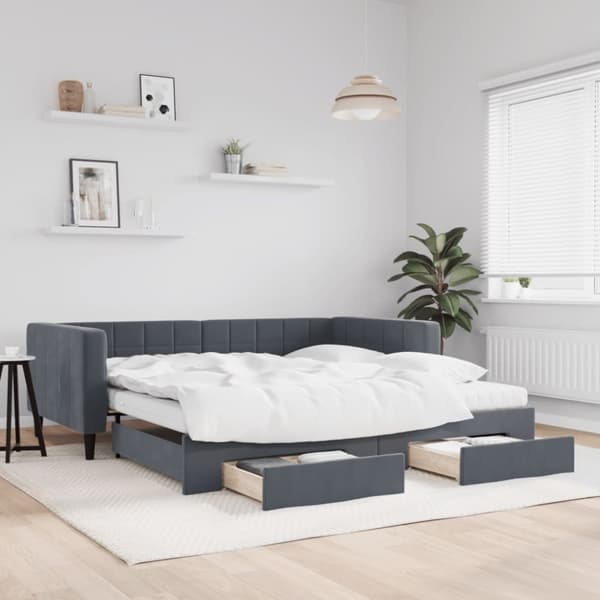 Dagbädd utdragbar med lådor mörkgrå 100x200 cm sammet