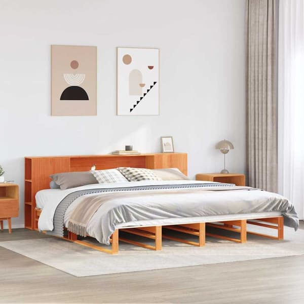 Säng med bokhylla utan madrass vaxbrun 200x200 cm massiv trä