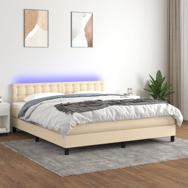 Ramsäng med madrass & LED gräddvit 180x200 cm tyg