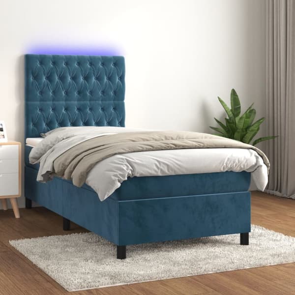 Ramsäng med madrass & LED mörkblå 90x200 cm sammet