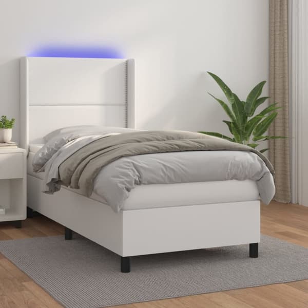 Ramsäng med madrass & LED vit 100x200 cm konstläder