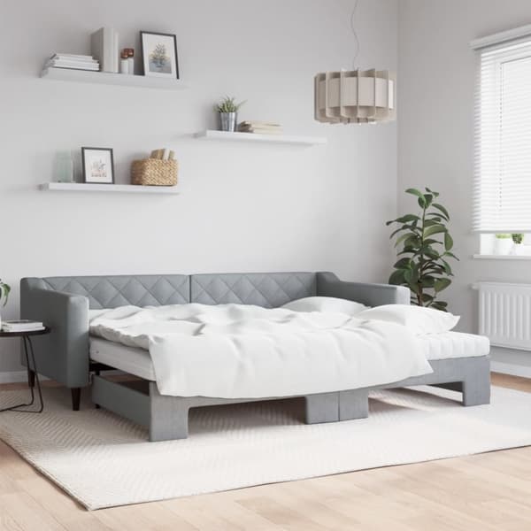 Dagbädd utdragbar med madrasser ljusgrå 90x200 cm tyg