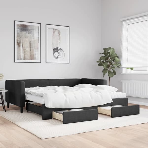 Dagbädd utdragbar med lådor svart 90x200 cm tyg