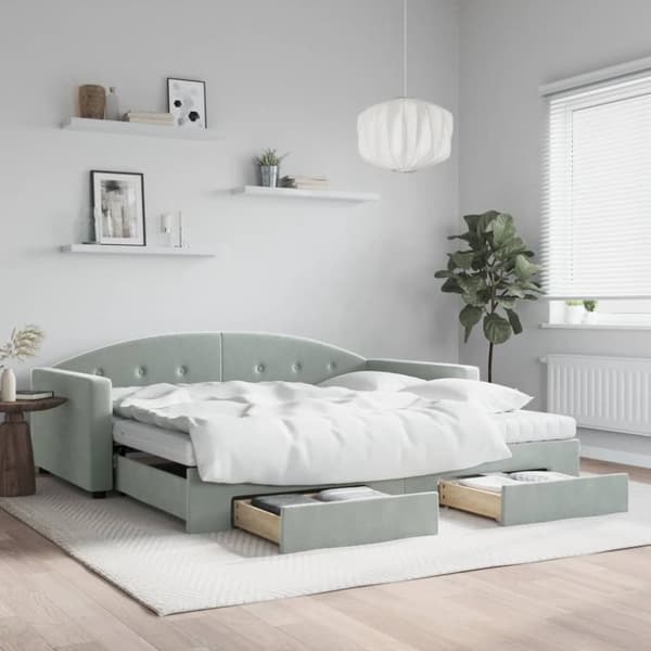 Dagbädd utdragbar med lådor ljusgrå 100x200 cm sammet