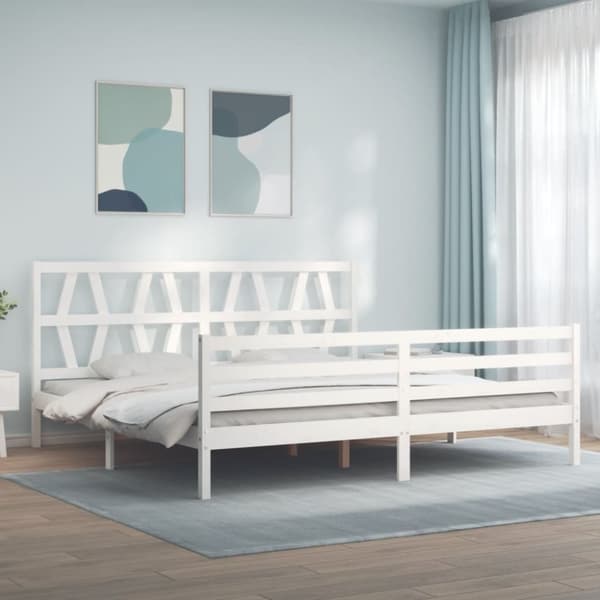 Sängram med huvudgavel vit 200x200 cm massivt trä