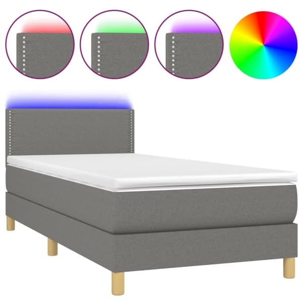 Ramsäng med madrass & LED mörkgrå 90x200 cm tyg