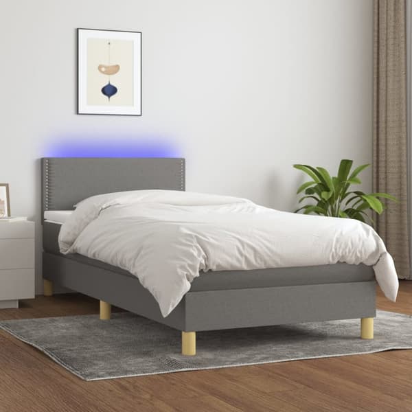 Ramsäng med madrass & LED mörkgrå 90x200 cm tyg