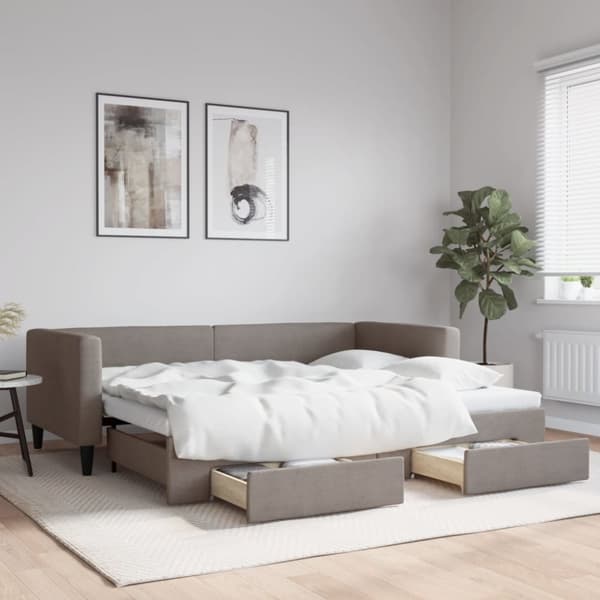 Dagbädd utdragbar med lådor taupe 90x200 cm tyg