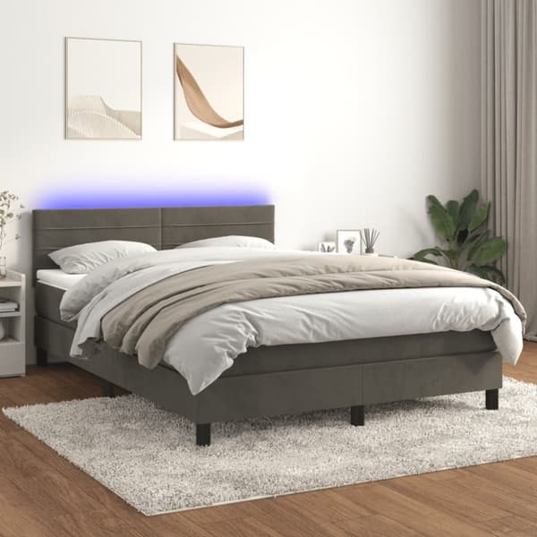 Ramsäng med madrass & LED mörkgrå 140x190 cm sammet