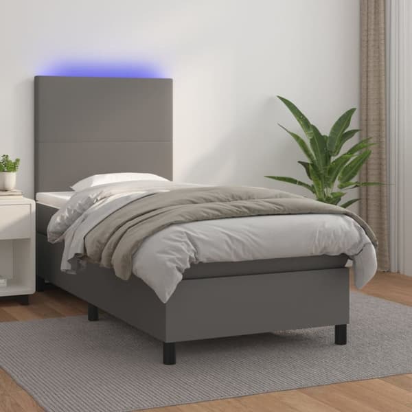 Ramsäng med madrass & LED grå 90x200 cm konstläder