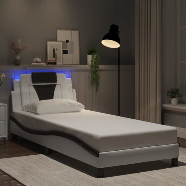 Sängram med LED-belysning vit och svart 90x200 cm konstläder