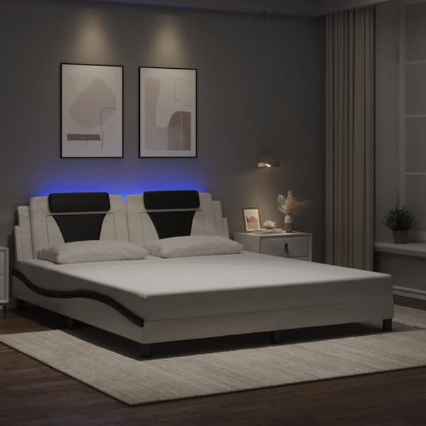 Sängram med LED-belysning vit och svart 180x200 cm konstläder