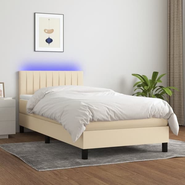 Ramsäng med madrass & LED gräddvit 90x200 cm tyg