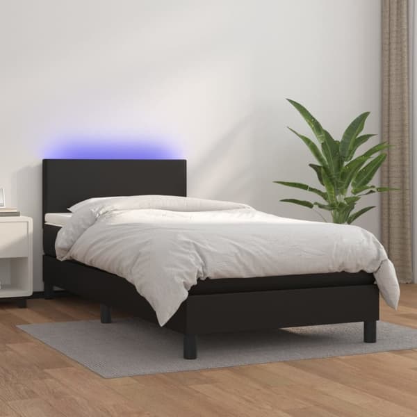Ramsäng med madrass & LED svart 90x200 cm konstläder
