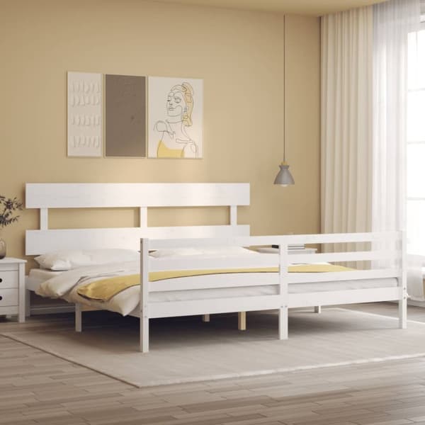 Sängram med huvudgavel vit 200x200 cm massivt trä