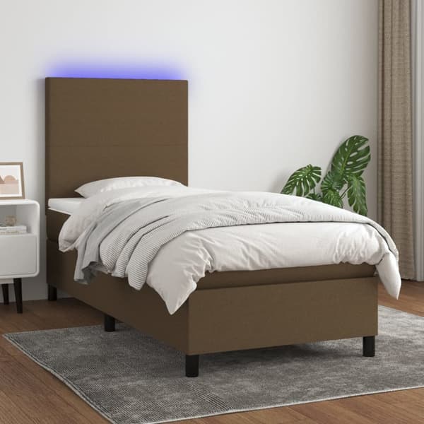 Ramsäng med madrass & LED mörkbrun 100x200 cm tyg