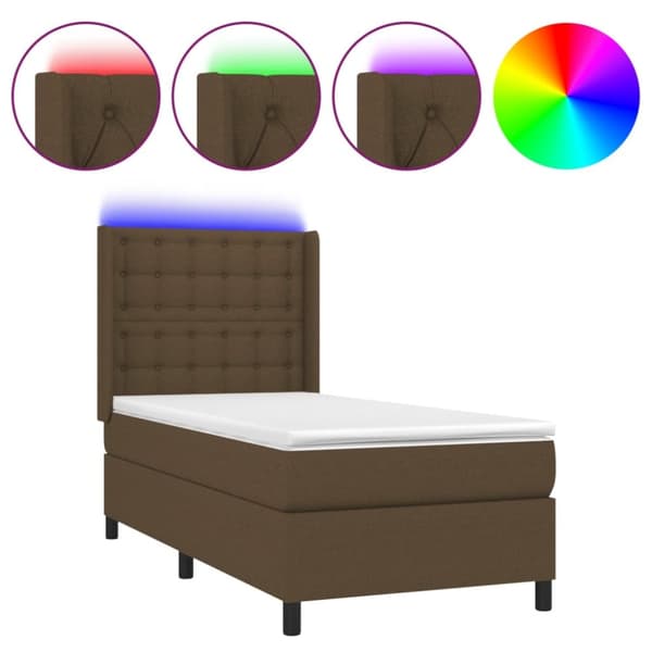 Ramsäng med madrass & LED mörkbrun 90x190 cm tyg