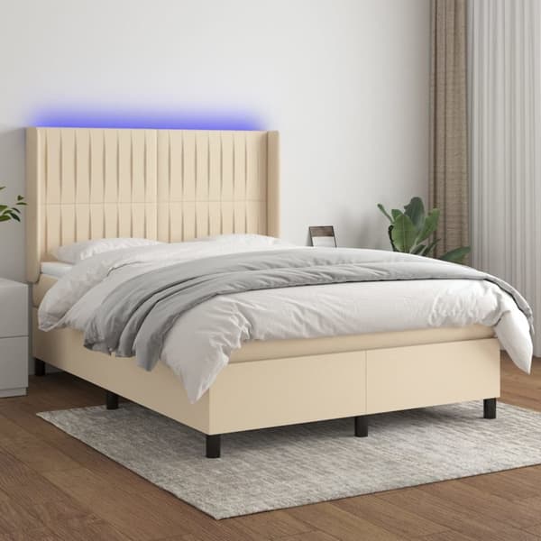 Ramsäng med madrass & LED gräddvit 140x190 cm tyg