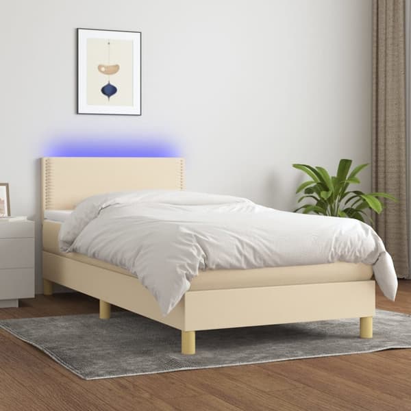 Ramsäng med madrass & LED gräddvit 90x200 cm tyg