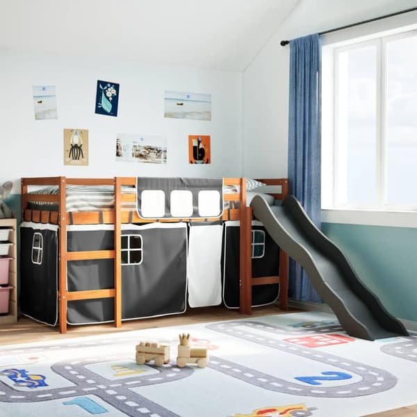 Loftsäng med gardiner vit&svart 90x190 cm massiv furu