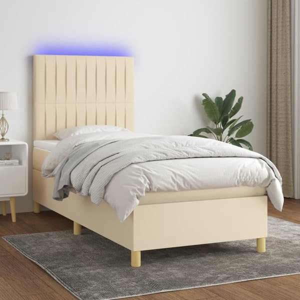 Ramsäng med madrass & LED gräddvit 80x200 cm tyg