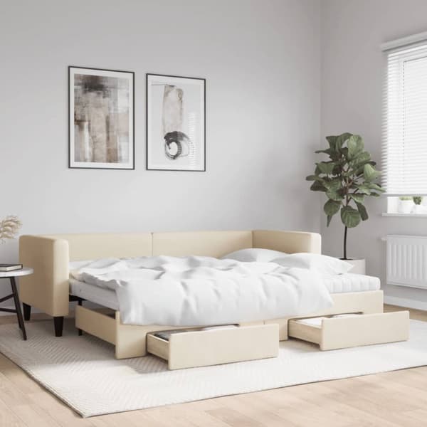 Dagbädd utdragbar med lådor gräddvit 80x200 cm tyg