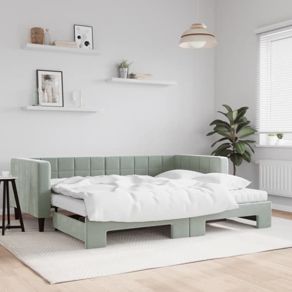 Dagbädd med madrasser utdragbar ljusgrå 90x200 cm sammet